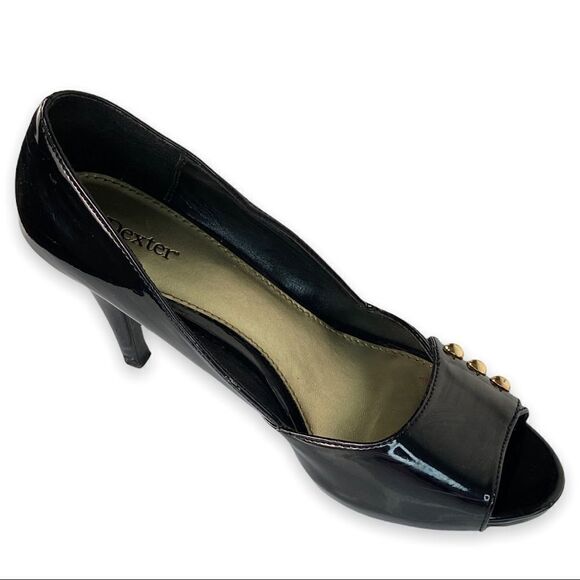 Dexter Black Patent Peep Toe Heels With Gold Studs Size 9 - Picture 2 of 12